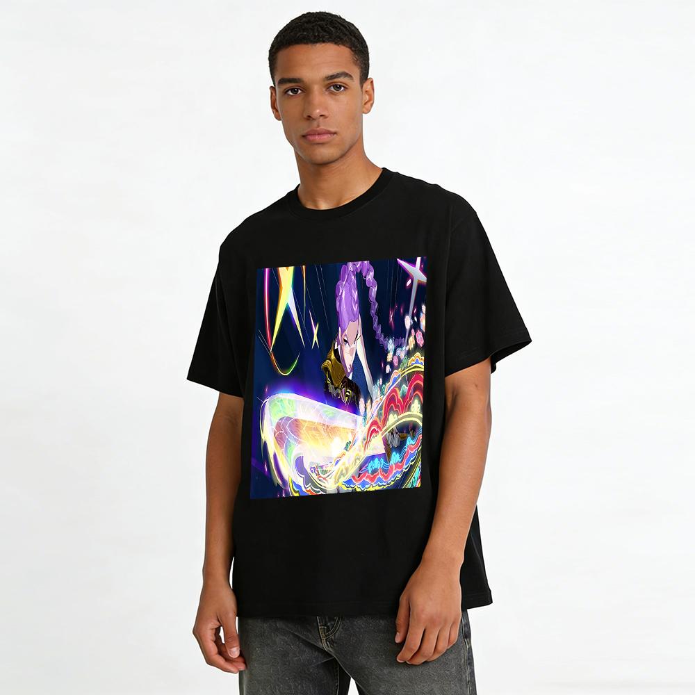 Anime Chinese Style Purple Haired Warrior Print T-shirt Casual Loose Breathable Top For Otaku Pure cotton T-shirt