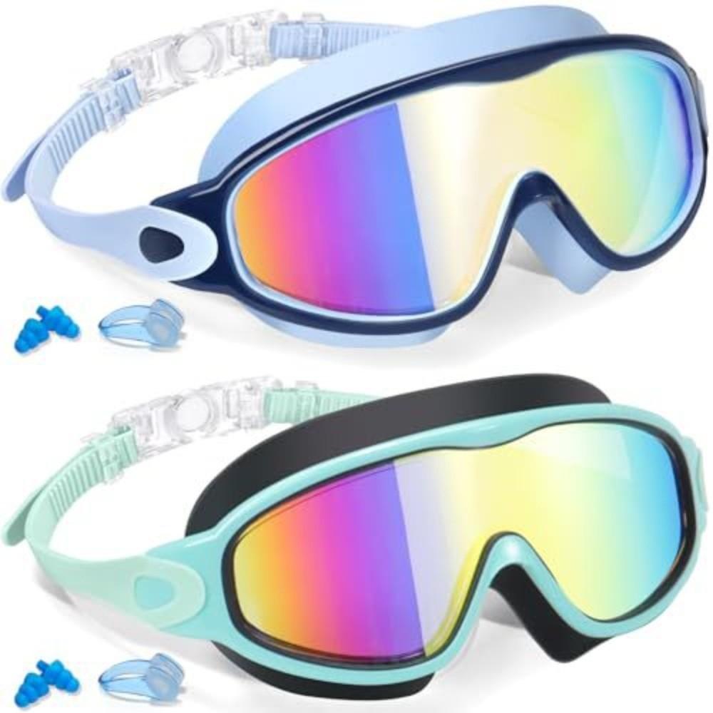 2 Pack Attached Earplugs Kids Swim Goggles Adjustable Comfortable Anti Fog Goggles Anti-UV with Nose Clip Waterproof Goggles