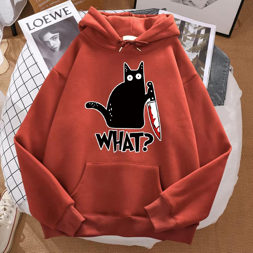 Vår och Höst Herr Söt Liten Svart Katt med Knivmönster Tryckt Huvtröja Hip Hop Kläder Dammode Ny Stil 2025