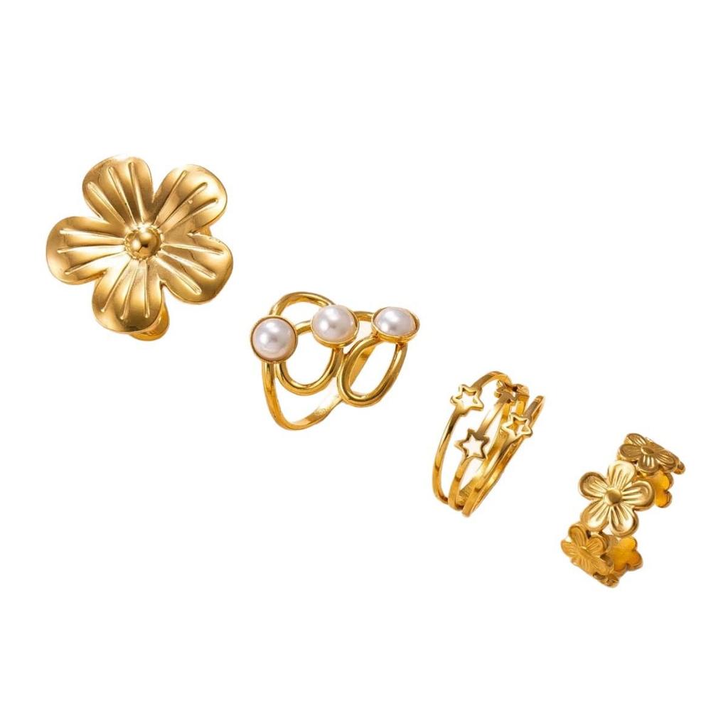 Retro Floral Pearl Star Flower Women's Titanium Ring Set - 4 Pieces