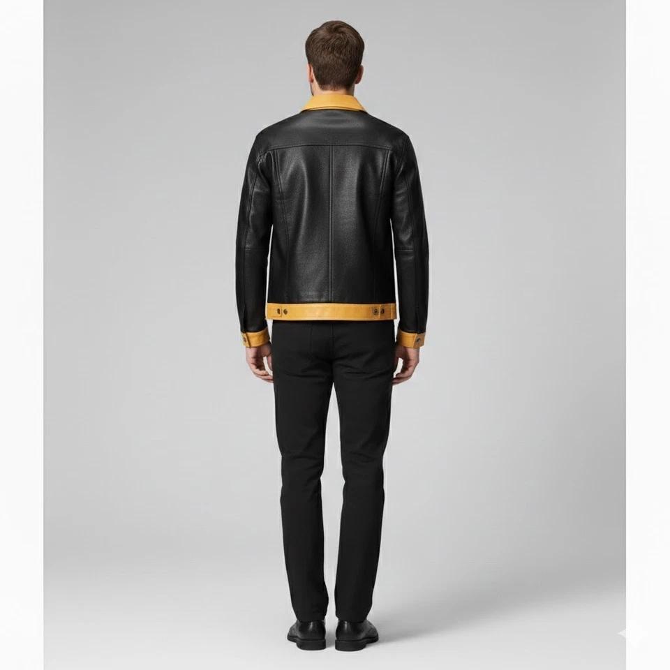 Stylish Soft Lambskin Leather Biker Men's Handmade Black and Yellow Denim Jacket