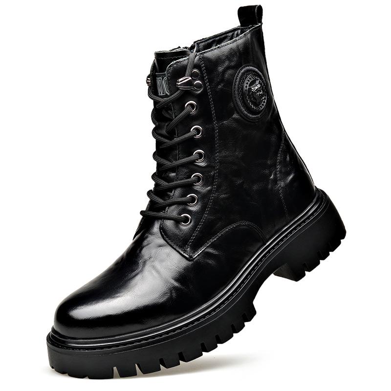 Men's Trendy Wool-Lined Cowhide High-Top Martin Boots with Side Zipper - Casual and Warm.