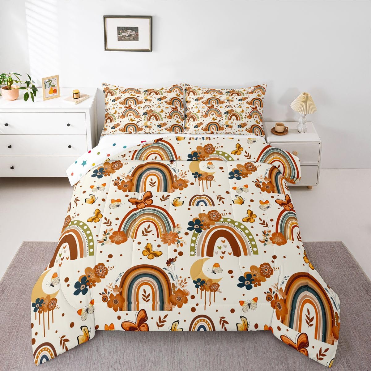 Cute Rainbow Comforter Set Kawaii Cloud Rainbow Bedding Set Twin For Girls Kids Teen,Boho Cartoon Stars Sun Comforter Pink Blue Yellow Paste 155x200cm