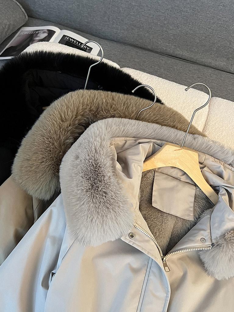 Ladies New Winter Fleece-Lined Coat with Fur Collar Fashion Versatile Outerwear Warm Cotton Jacket