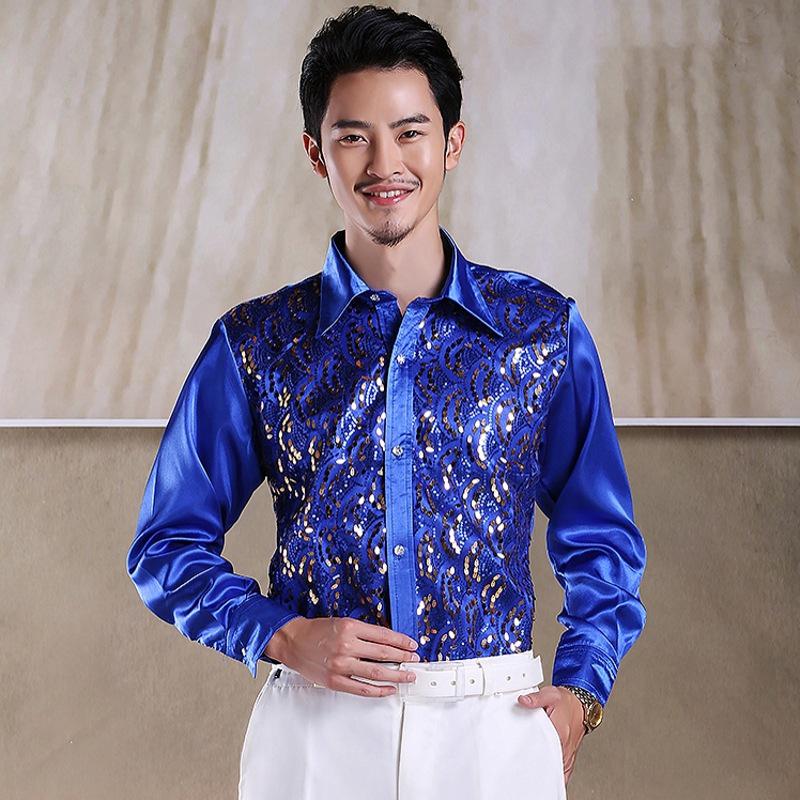Men's Sequin Chorus Performance Shirt for Middle-Aged & Elderly - Red Stage Costume for Evening Song and Dance