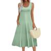 Women's Fashion Round Neck Sleeveless Pleated Beach Dress With Pockets Long Solid Color Dresses