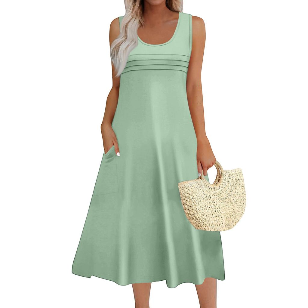 Women's Fashion Round Neck Sleeveless Pleated Beach Dress With Pockets Long Solid Color Dresses