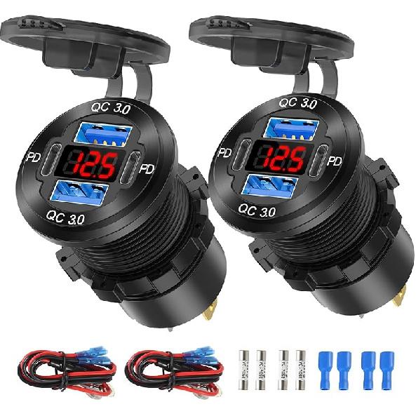 12V USB Outlet 4 Port Car Charger Socket, Dual PD USB C And Dual Quick Charge 3.0 Port Aluminum Charger With Red Voltmeter DIY Kit Waterproof For Car