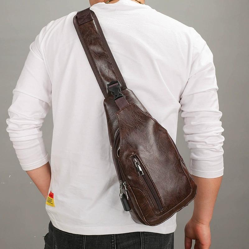 Waterproof PU Chest Bag with USB Port, Casual Travel Sling Bag Perfect Christmas Gift
