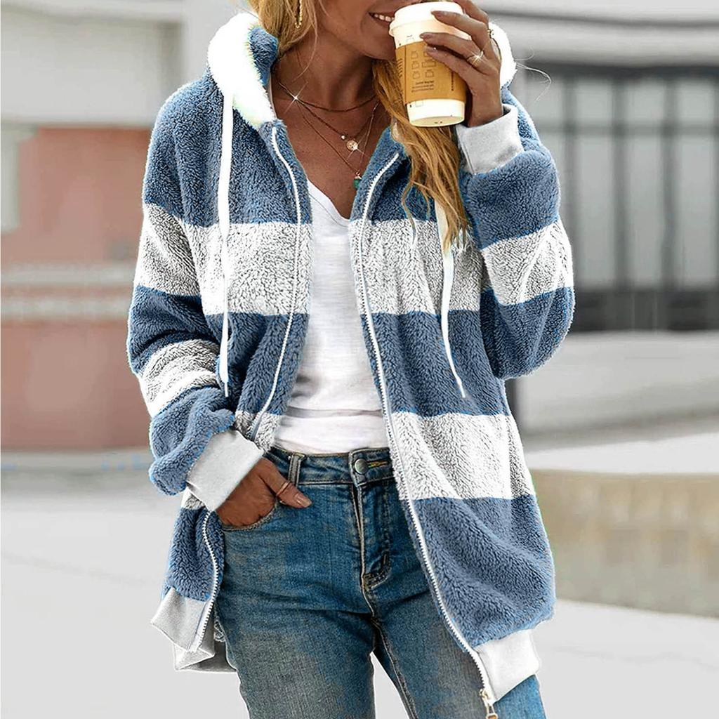 Moteriška laisva, didelio dydžio pliušinė daugiaspalvė striukė su gobtuvu su užtrauktuku