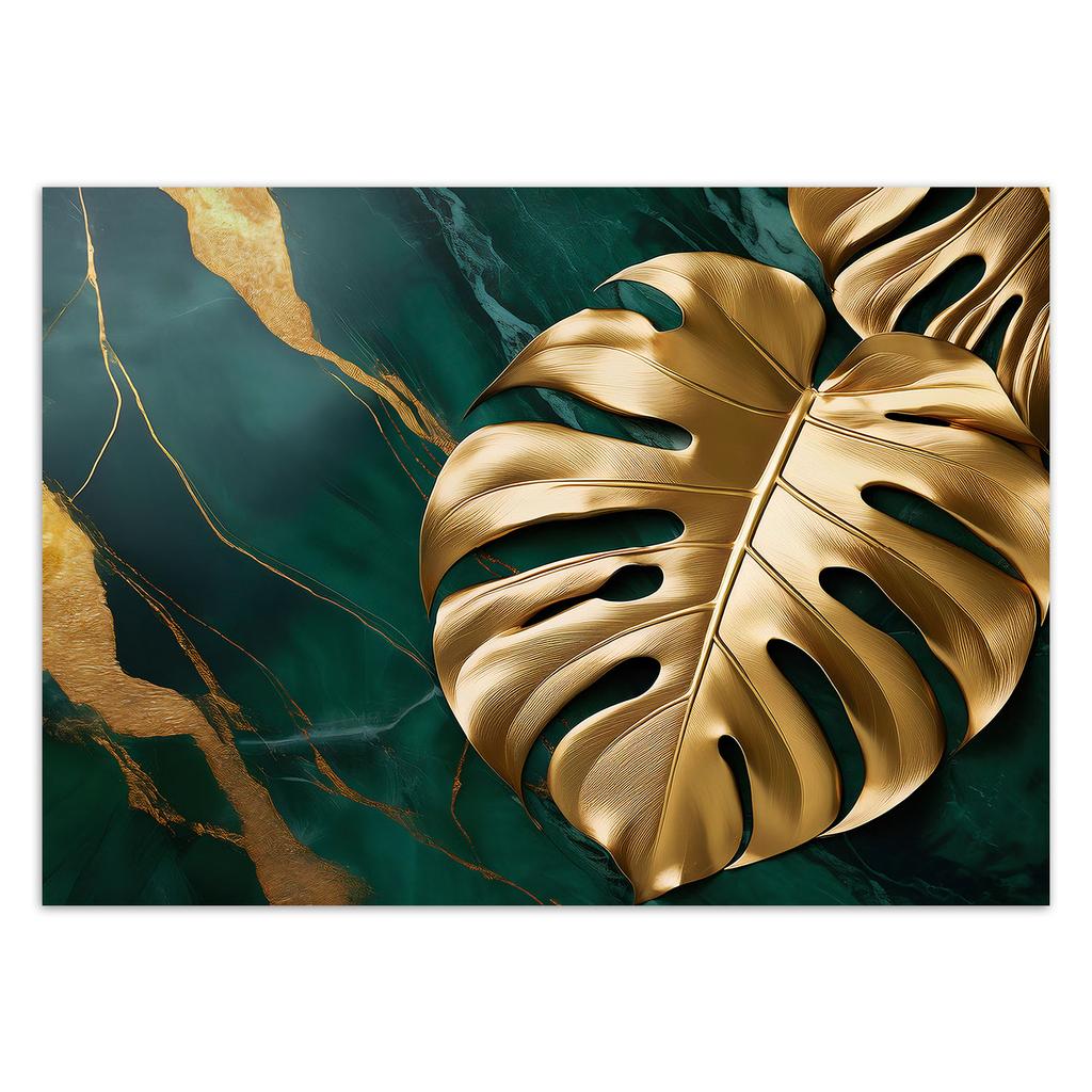 Wallpaper Monstera Gold Leaf On Green Marble Background