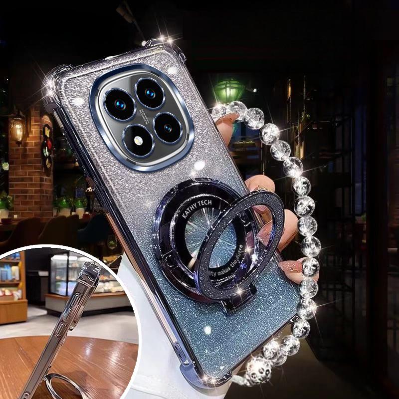 Glitter Magnetic Holder Bracket Case For Xiaomi Redmi Note 14 15 Pro Plus 15 15C 14C 14S 4G 5G Crystal Bracelet Silicone Cover