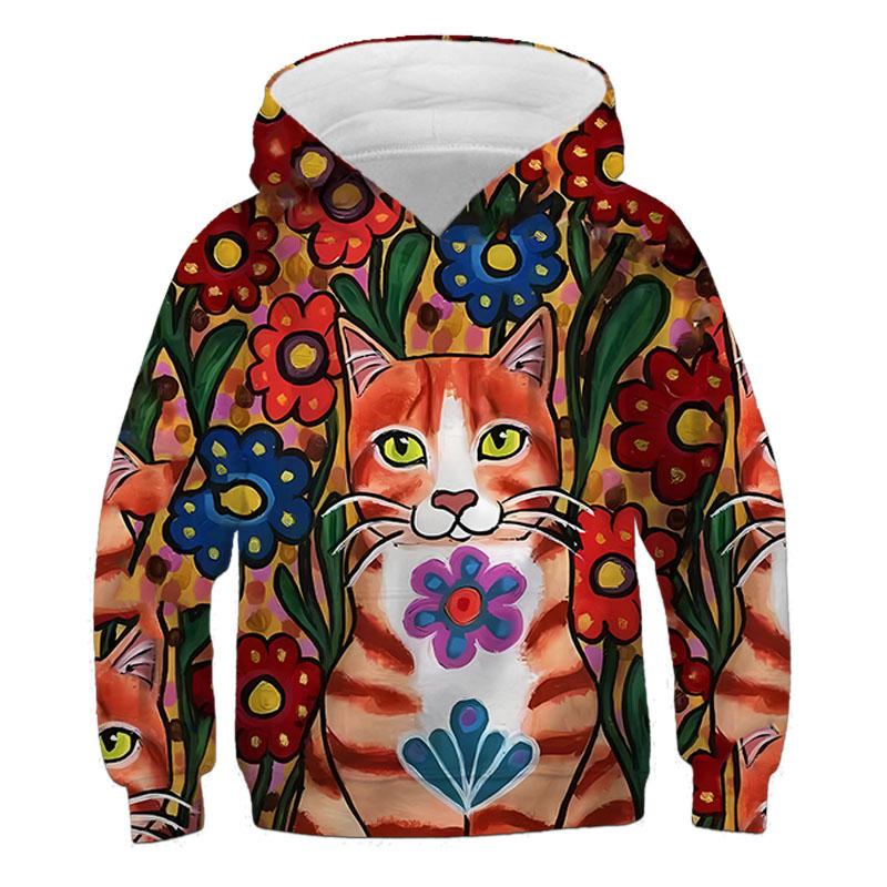 Girls' hooded long-sleeve sweatshirt, cute 3D cat pattern, children's spring and autumn casual outdoor pullover