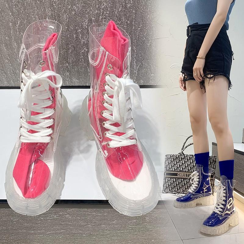 Fashion Women's transparent boots with round toe, thick sole, front lace-up, mid-calf, large size, with jelly socks