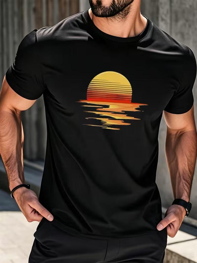 Men'S T-Shirt Retro Gradient Sunset Water Reflection Print American Summer Vacat