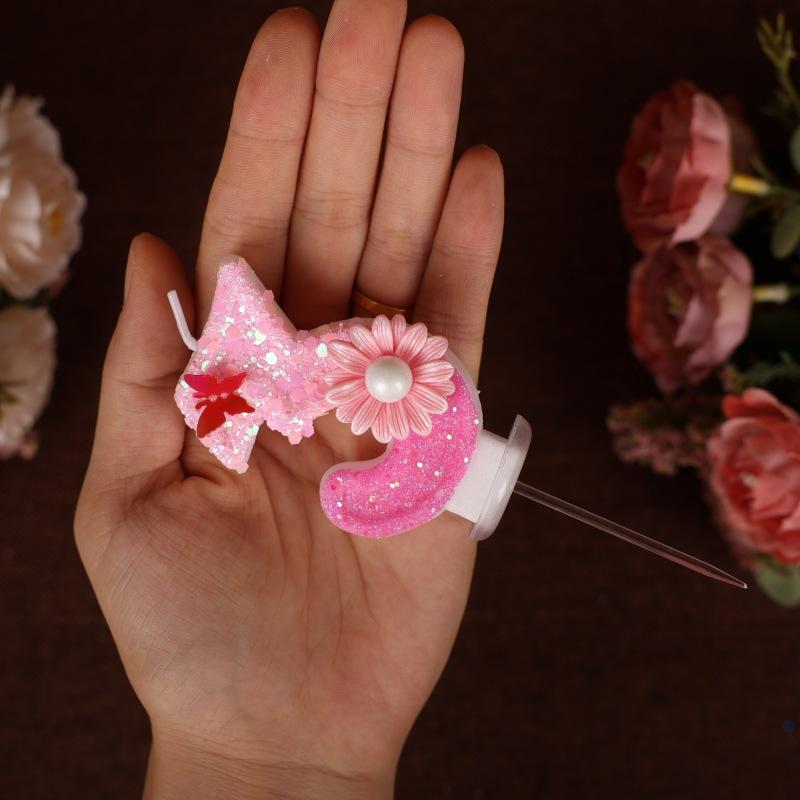 Sequin Pink Flower Butterfly Numbers Birthday Candle Cake Party Decoration One Year Old Handmade Candles 0-9