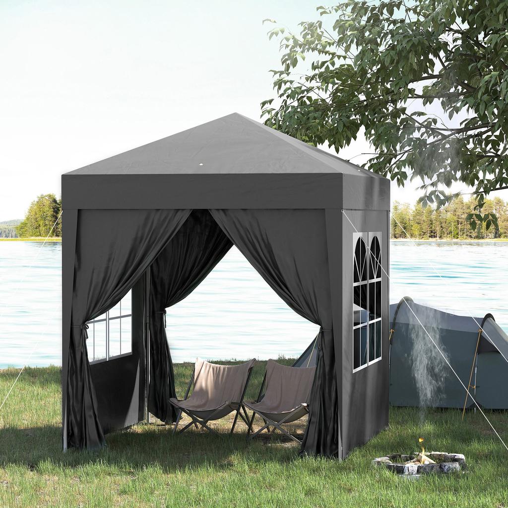 Faltpavillon, Biergartenpavillon, 4 abnehmbare Seitenwände, 2 Fenster, Metallgestell, 2 x 2 m, Schwarz