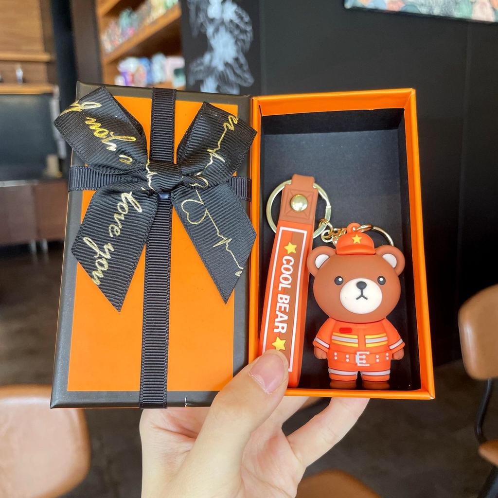 Cartoon Epoxy Traffic Police Firefighter Bear Keychain Promotional Gifts Fashion Couple Accessories Cute School Bag Lanyard