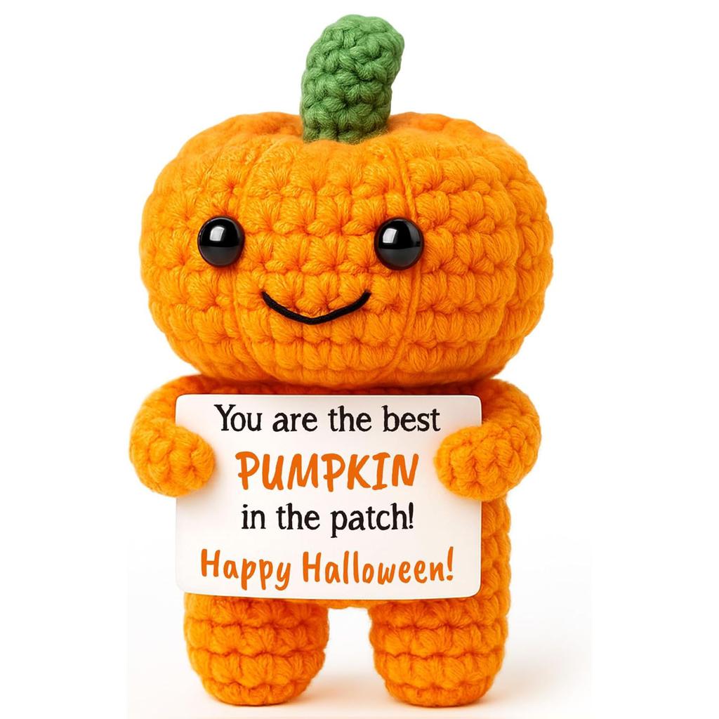 Poupée Citrouille de Soutien Émotionnel au Crochet Drôle avec Carte Ornement de Bureau Poupées Citrouilles Tricotées à la Main Cadeau d'Halloween Décoration de Maison