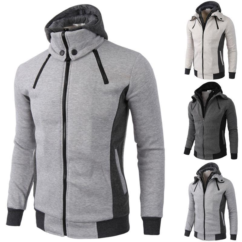 Stylish Mens Solid Color Hoodie With Zipper Closure And Cozy Side Pockets For Comfort