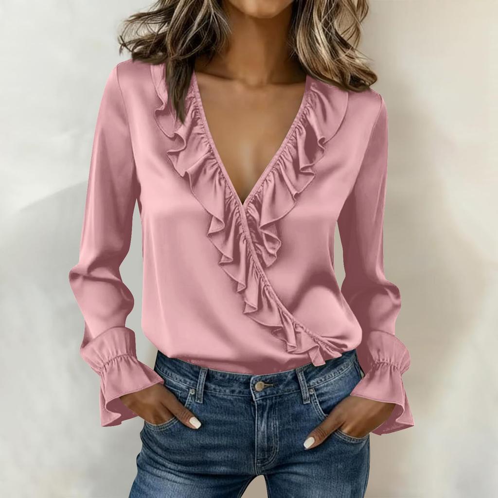 Top Casual de Moda para Mujer con Cuello en V Fruncido y Mangas Largas
