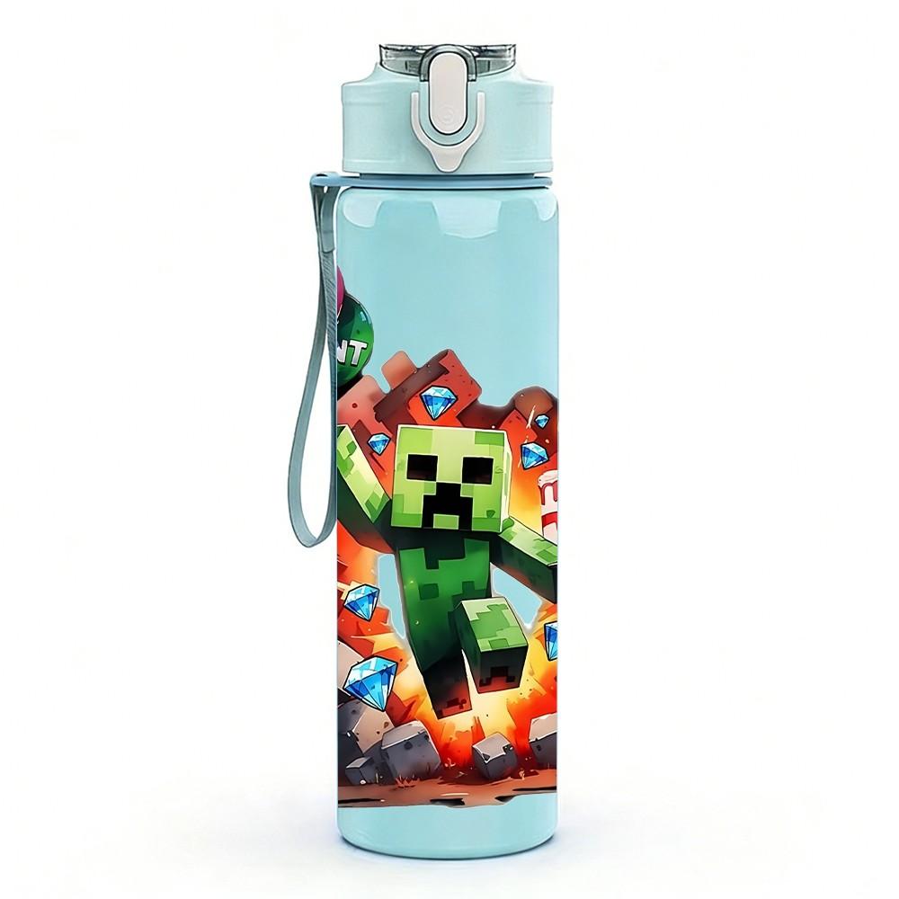 1PC Minecraft Creeper Fire Explosion Print 750ml Color Plastic Sports Water Bottle Leakproof Flip Straw Lid Suitable for Sports Office Home Use