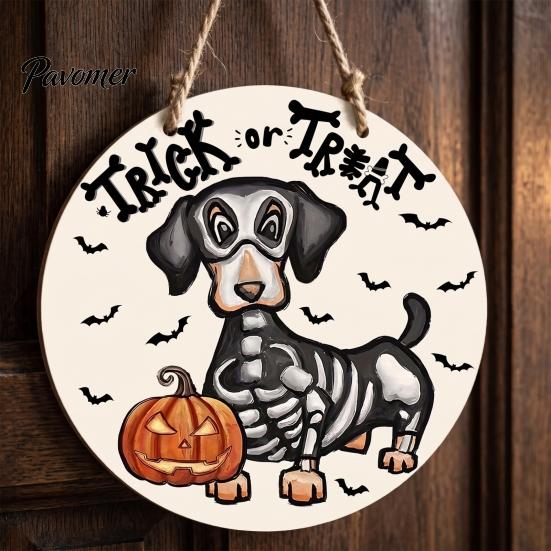 Indoor Halloween Wall Art Dachshund Hanging Sign, Spooky Skeleton Dog Trick or Treat Wooden Theme Decoration with Pumpkin Bat Pattern, Holiday Welcome