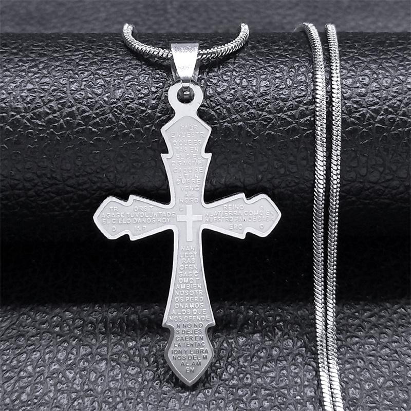 Bible Lords Prayer Cross Necklace for Women Men Stainless Steel Gold Color Spanish Christian Necklaces Jewelry collar 2945-QKC