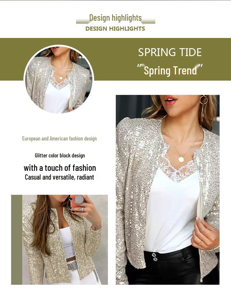 Europejska i Amerykańska Damska Wiosenna Kurtka Colorblock z Cekinami ze Stójką - Krótka, Casualowa, Wszechstronna Moda.
