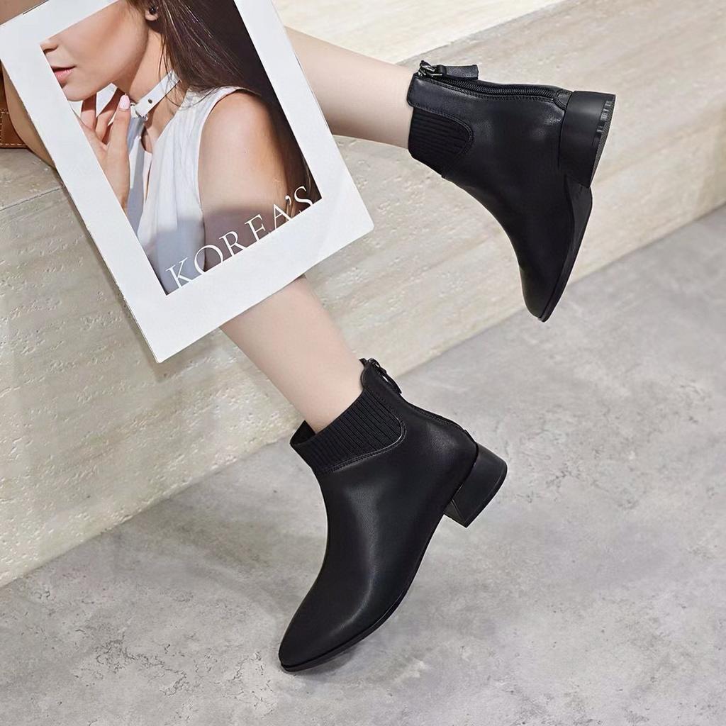 Pointed Short Boots Women's Simple Temperament Wool Tube Low Heel Leather Boots Rear Zipper Fashion Boots