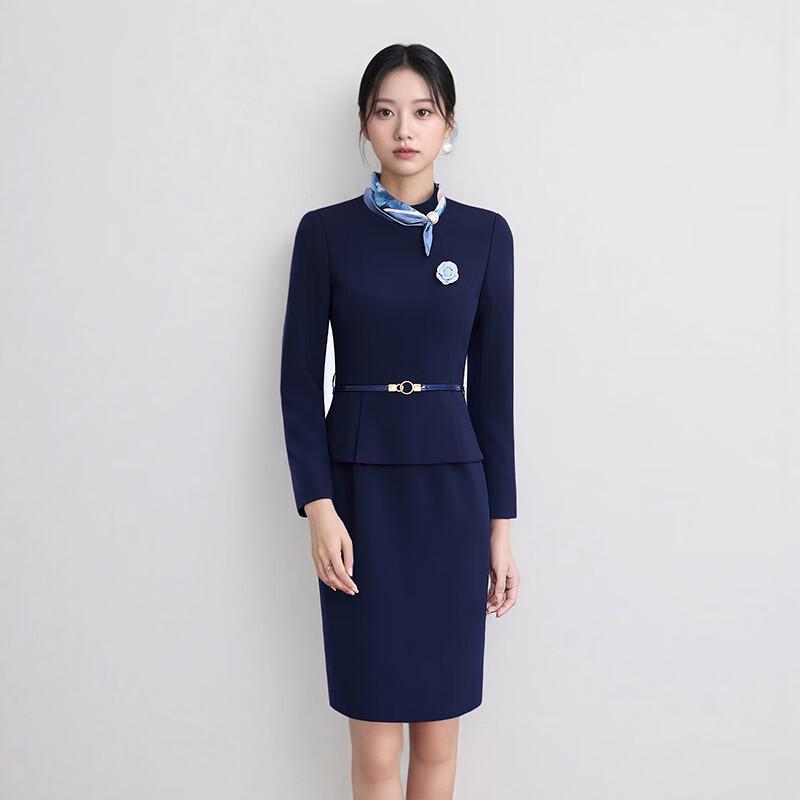 Women s Navy Stand Collar Professional Work Dress M