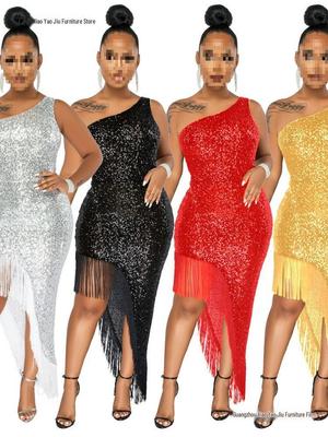 One-Shoulder Irregular Sequin Tassel Dress for Women