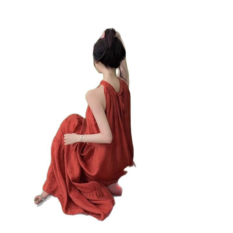 2025 Summer Retro Red Halter Dress: Elegant Long Dress for Travel Photography