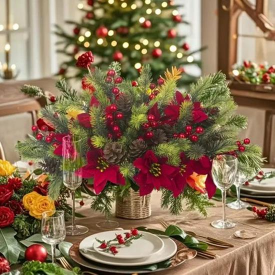 Holiday Artificial Bouquet: Pine Needles, Red Berries, Poinsettia, Faux Flowers for Christmas Home Decor