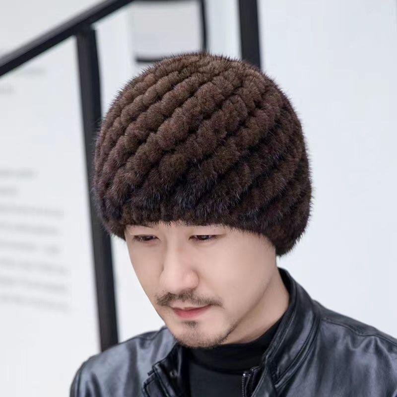 Winter Men Outdoor Keep Warm Genuine Mink Fur Hat Natural Knitted Mink Fur Hats Male Elasticity Thick Real Mink Fur Caps