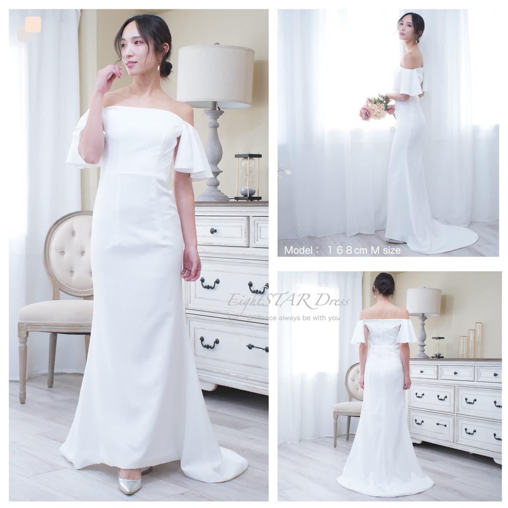 Brudekjole Off Shoulder Tettsittende Hvit Volumermer Lang Slepe Slank Linje Brud Hvit Kjole Lang [EightSTAR Kjole] Pre-Foto (L)