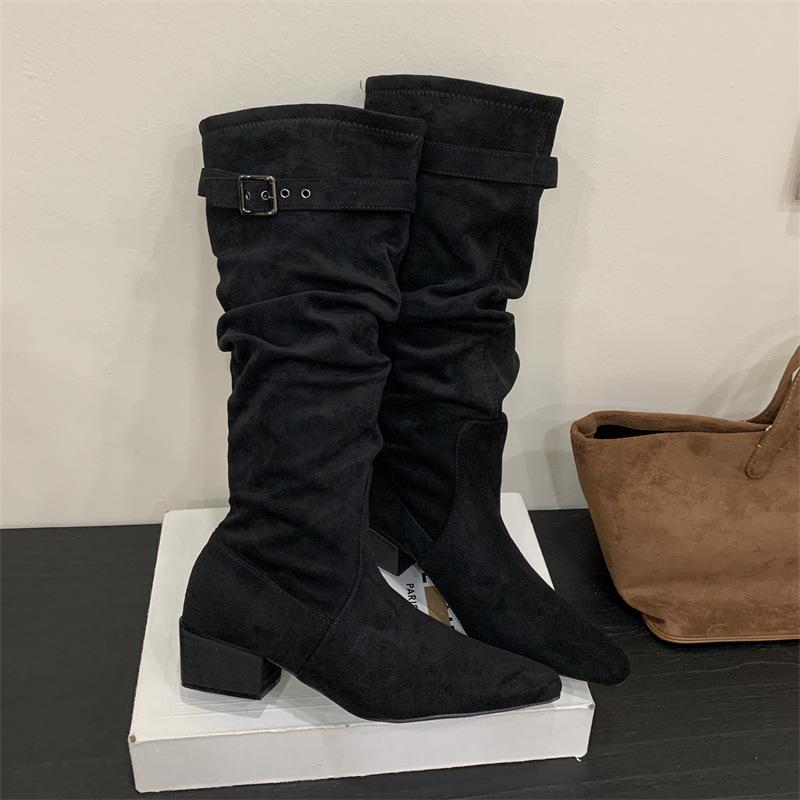 Rich and noble, pointed thick heels and thin boots, stacked boots, belt buckle, Korean pleated high-heeled boots, thin boots