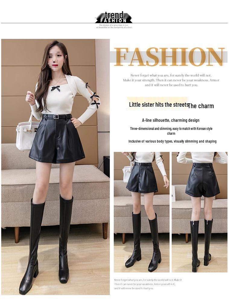 High-Waist Black PU Leather A-Line Boot Pants for Autumn/Winter 2024: Women's Casual Shorts with Loose Fit