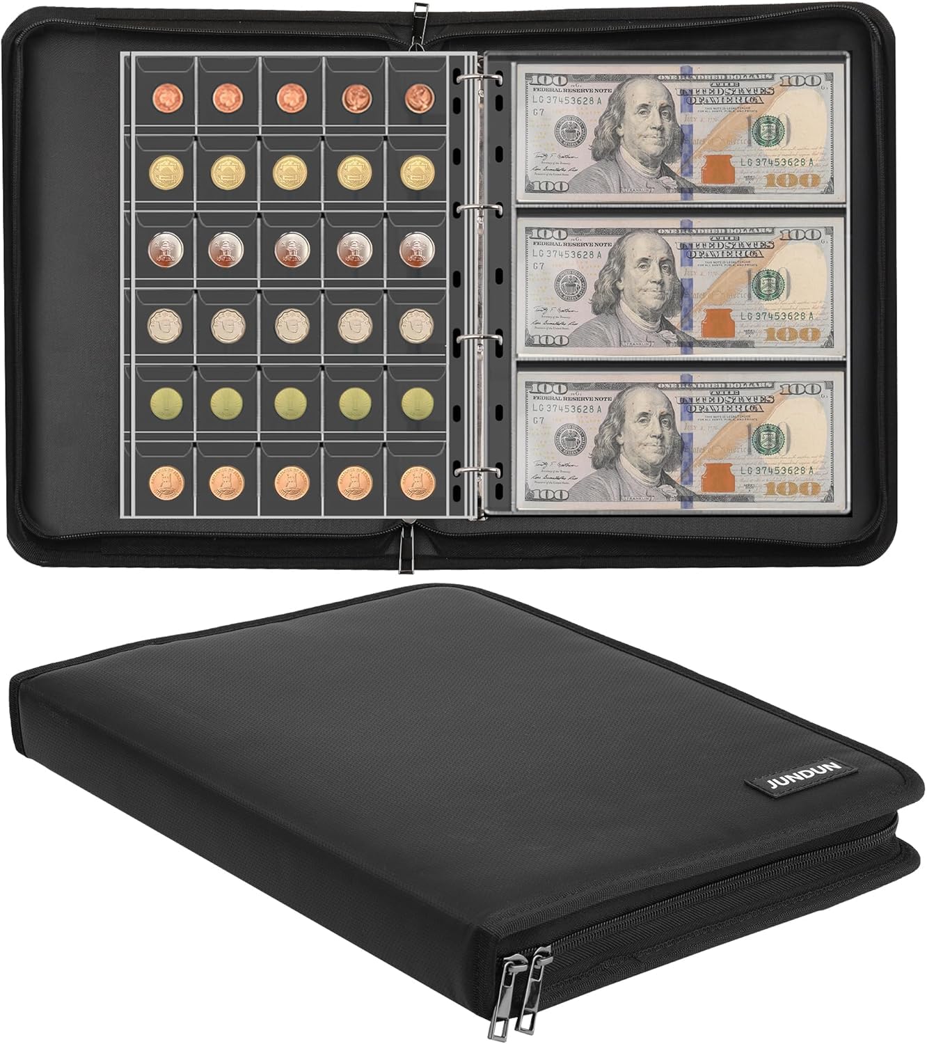 

JUNDUN Coin Collection Book Holder Fireproof Album 300 Pockets 36 Sleeve Money Storage Case Coin and Currency Collecting Supplies Banknotes Pennies