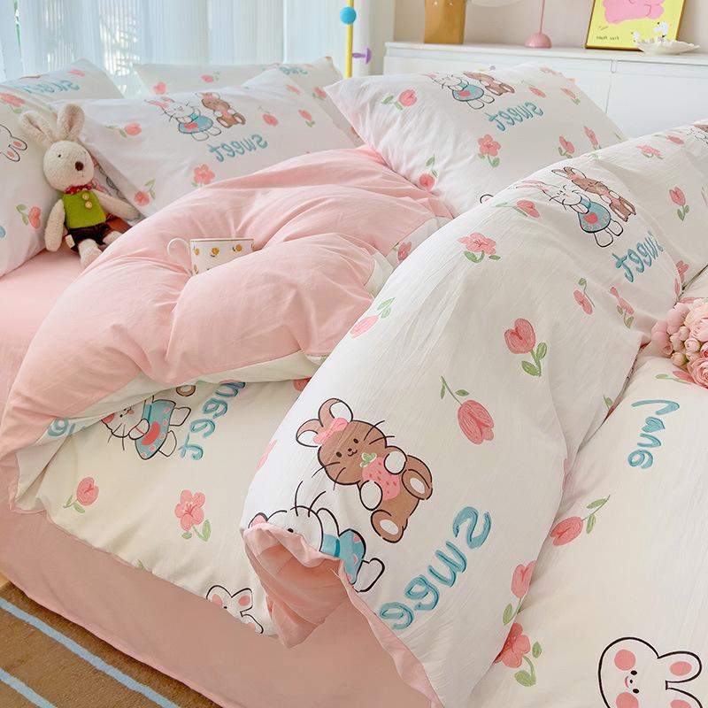 Small Fresh Mattress Quilt Cover Class A Maternal And Infant Grade Cartoon Dormitory Bed Sheet Three-Piece Set Super Soft Washed Cotton 4Pcs Set