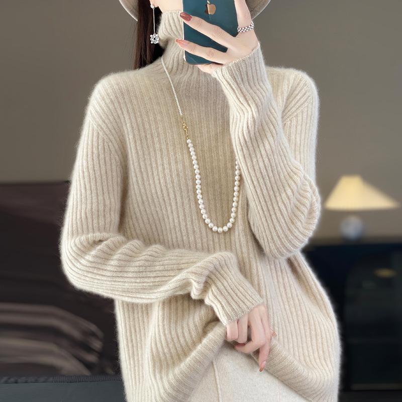 Women's High-Neck Wool Sweater: Seven-Needle Double-Strand, Thickened Vertical Rib Knit, Loose Fit, Long-Sleeved Autumn/Winter Base Layer.