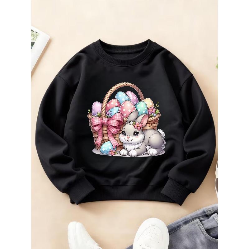 Kids Crewneck Sweatshirt, Easter Bunny & Colorful Egg Basket Print Top for Autumn Winter