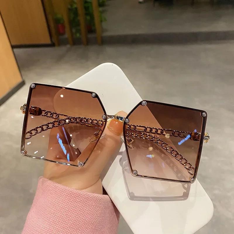 Gradient Sunglasses Metal Oversized Square Sunglasses Luxury Trend Brand Frame Rivet Glass Alloy Chain Arms Eyeglasses Oculos