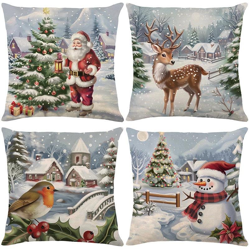 Christmas Theme Short Plush Pillow Cover Set Holiday Print Cushion Case for Living Room Sofa Home Decor 45x45cm