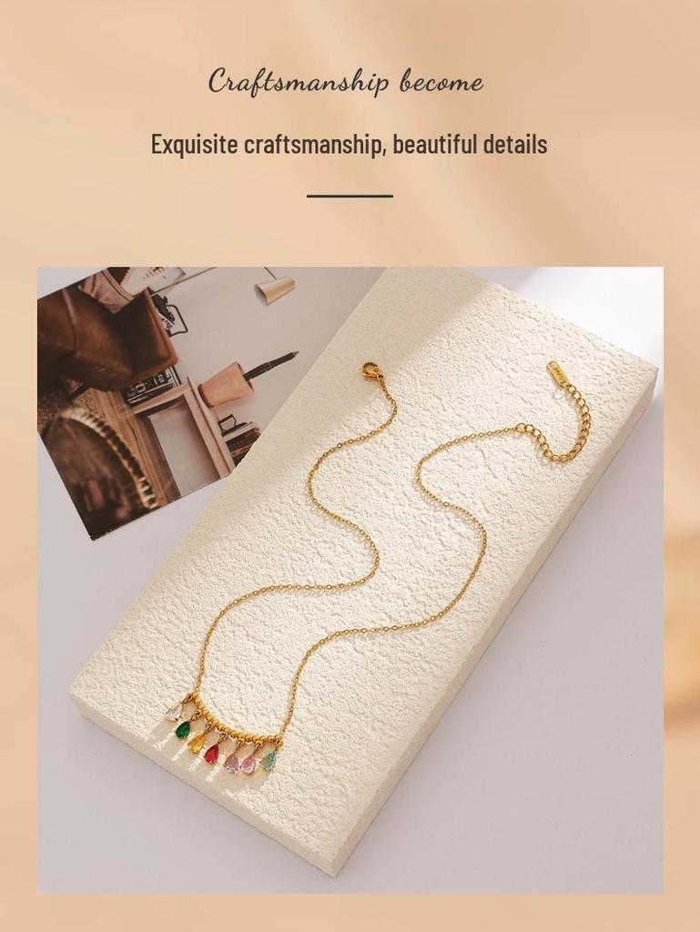 18K Gold Titanium Stainless Steel Zircon Necklace with Colorful Diamond Tassel Pendant - Waterproof