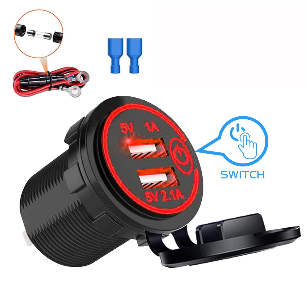 Dual USB Charger Socket 12V-24V USB Outlet Waterproof 3.1A Dual Charger Socket with Touch Switch for Car Boat Marine Motorcycle