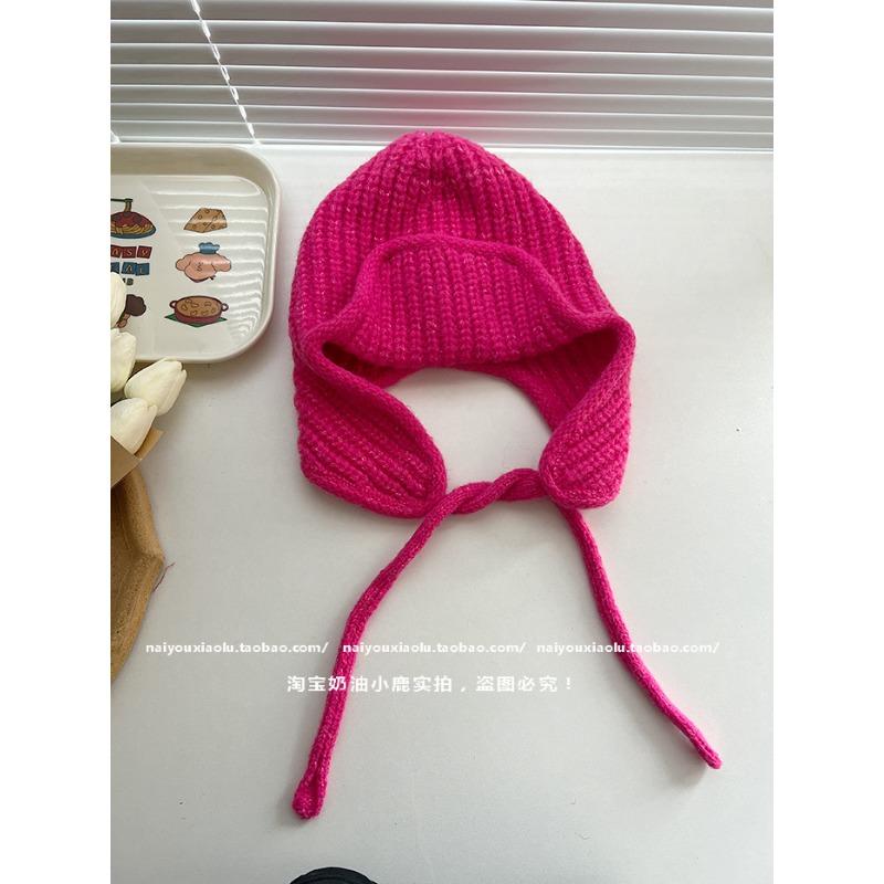 Knitted Hat Women's Autumn and Winter Face Small Lace-up Headgear Wool Flying Hat Versatile Ear Protectors