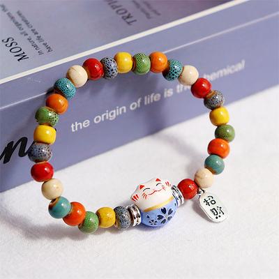 Bracelet chat porte-bonheur mignon pour femmes et filles, réglable, perles colorées, style chinois, pendentif chat en céramique, bijoux