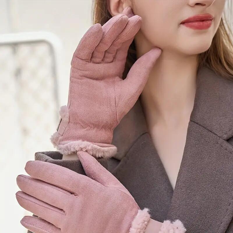Plush Cuff Metal Buckle Suede Gloves Solid Color Thickened Warm Gloves Women's Stylish Versatile Cold-proof Gloves
