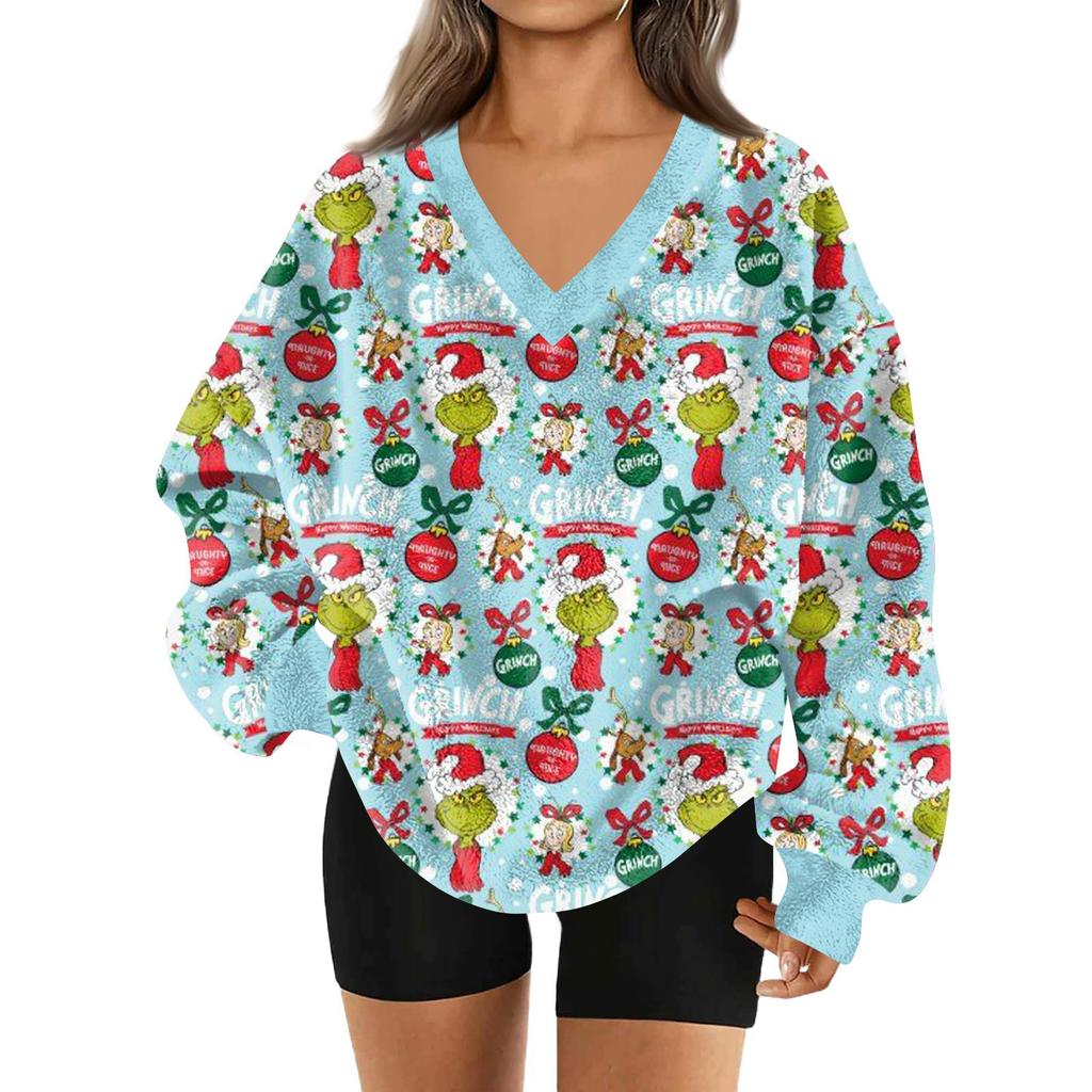 Women's Fashionable V-neck Christmas Printed Long Sleeved Casual Pullover Plush Warm Pocket Sweatshirt Top